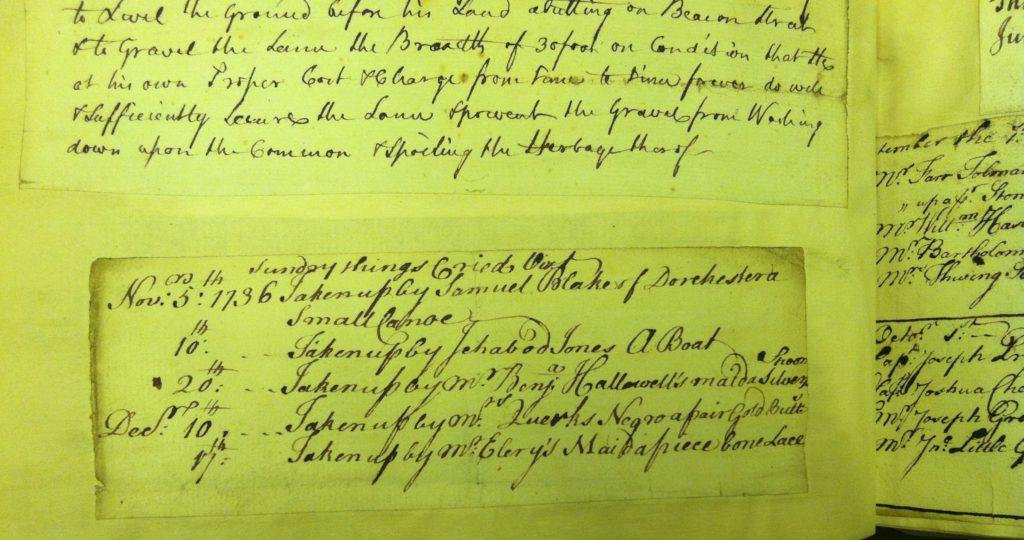 Example of Hill's town crier records. Photo by author. Copyright Rare Books and Manuscripts Division, Boston Public Library.