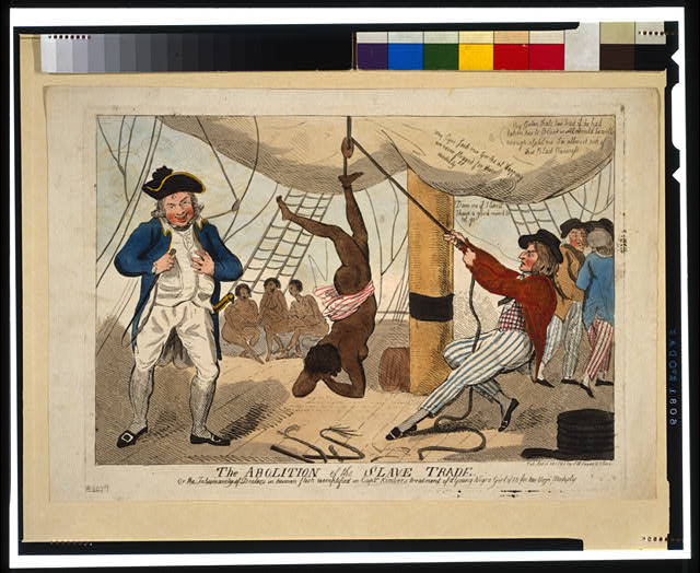 Print shows sailor on a slave ship suspending an African girl by her ankle from a rope over a pulley. Captain John Kimber stands on the left with a whip in his hand. 