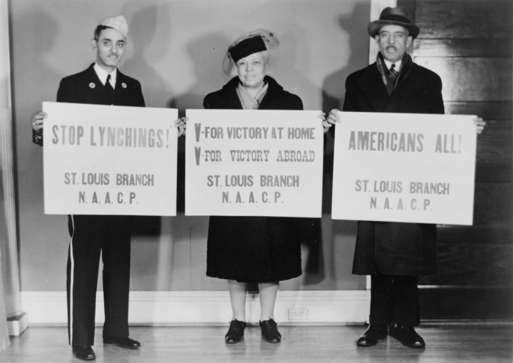 Plate_03 UNKNOWN PHOTOGRAPHER, ST. LOUIS, MO, EARLY 1940s. Washington, DC, Library of Congress, Prints and Photographs Division, Visual Materials from the NAACP Records. Members of the St. Louis Branch of the NAACP calling for victory at home and abroad and an end to racial violence. 