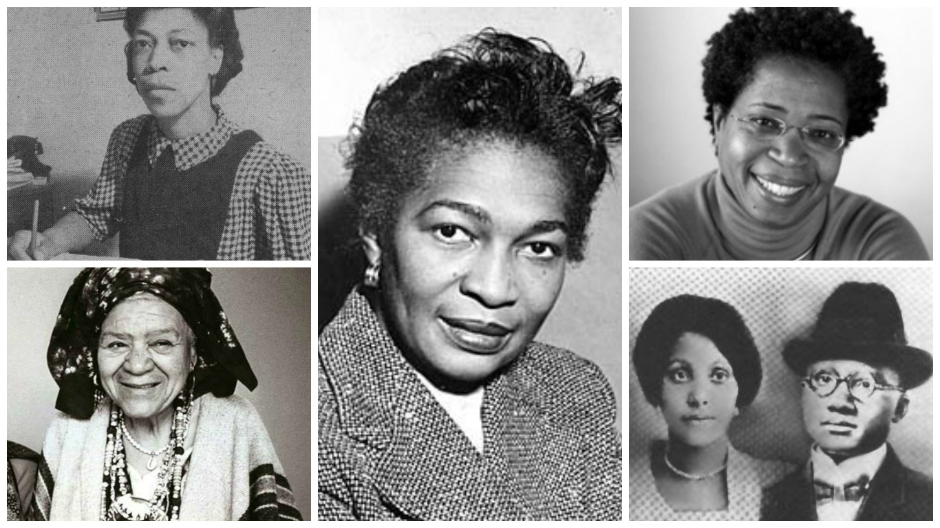 Left column: Una Marson (top) and Audley Moore, Claudia Jones (center), Dionne Brand (top right), Louise Little and spouse 