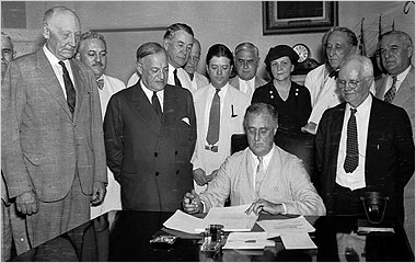 President Roosevelt signing Social Security into law, 1935. Source: New York Times.