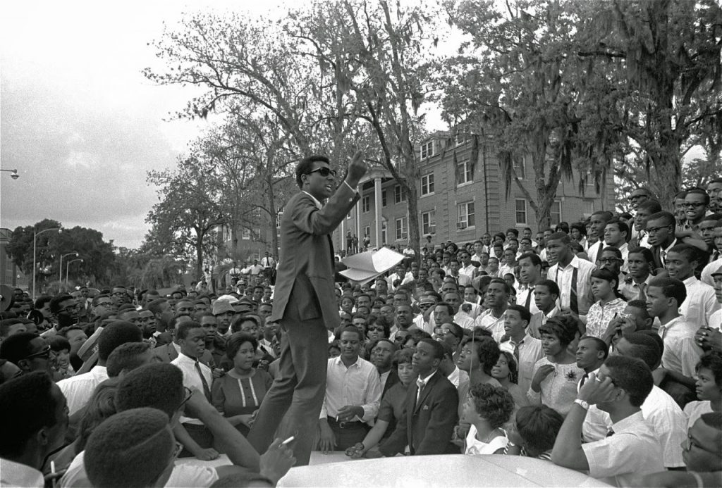 Stokely Carmichael of the Student Nonviolent Coordinating Committee speaks at Florida A&M University, 1967. Source: Black on Campus.