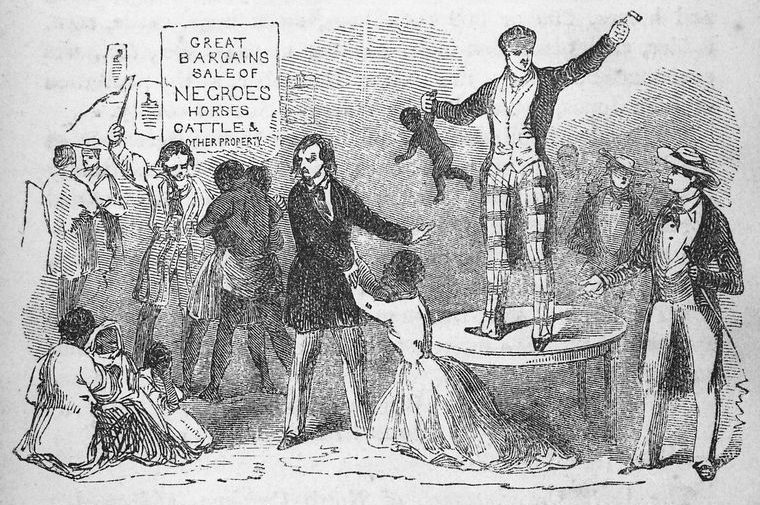 "Husbands, wives, and families sold indiscriminately to different purchasers, are violently separated; probably never to meet again." 1853. New York Public Library.