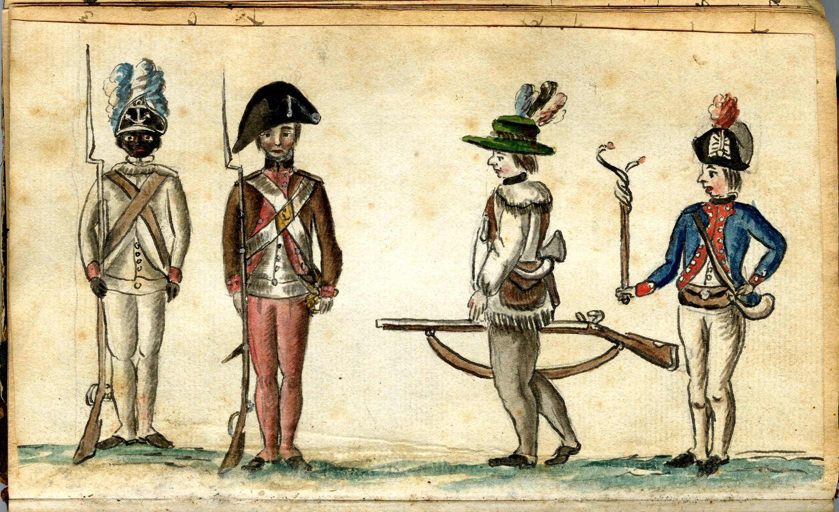 Soldiers at the siege of Yorktown, including an African American soldier of the 1st Rhode Island Regiment, by Jean-Baptiste-Antoine DeVerger, 1781. (Anne S. K. Brown Military Collection, Brown University).