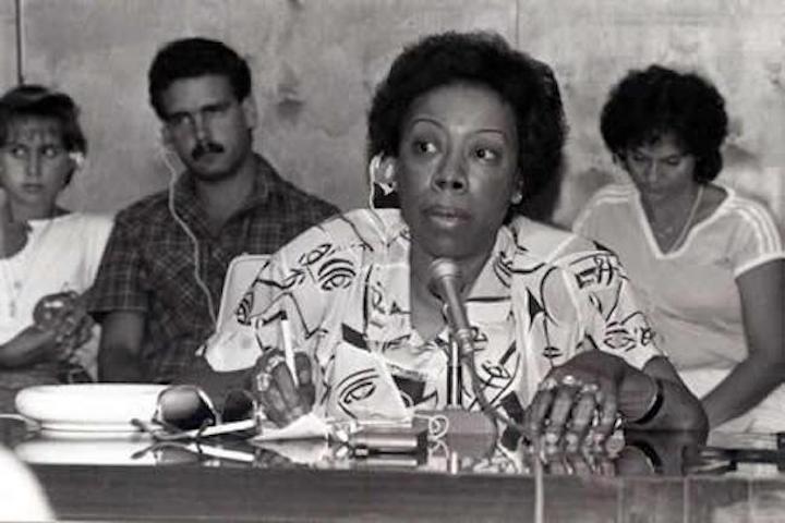 Gwen Patton speaking at the University of Cuba in Havana. Photo: Trenholm State Community College Libraries.